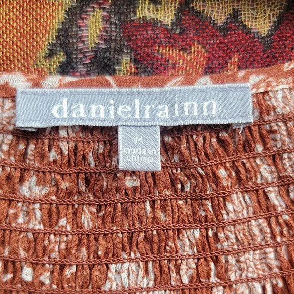 Rust Floral Boho Blouse | Smocked Neck Tie Front | Flowy Sleeves | M - Picture 4 of 8